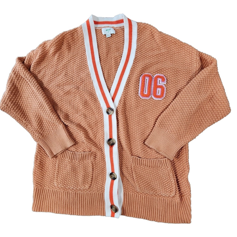 Aerie Varsity Cardigan Sweater Orange Popcorn Knit Striped Trim‎ Patch Size M